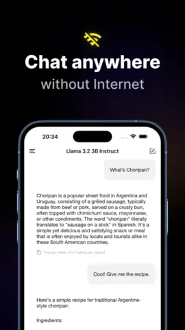 Capture de l'appli PocketPal AI sur iPhone, en anglais, titrée « Chat anywhere without Internet » : une recette demandée au modèle Llama 3.2 3B Instruct.