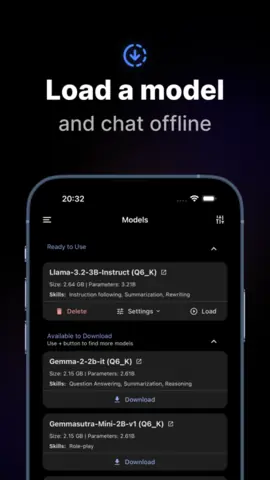 Capture de l'appli PocketPal AI sur iPhone, en anglais, titrée « Load a model and chat offline » : la liste des modèles à charger ou télécharger, avec leur taille.