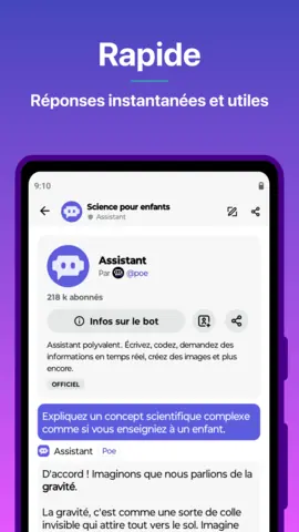 Capture de l'appli Poe sur Android, titrée « Rapide » : la gravité expliquée par le bot Assistant.