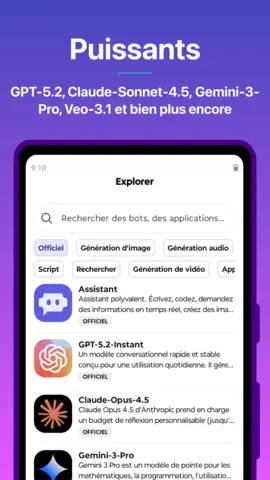 Capture de l'appli Poe sur Android, titrée « Puissants » : la page Explorer et ses bots officiels (GPT, Claude, Gemini).