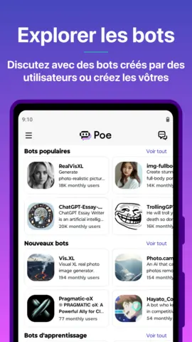 Capture de l'appli Poe sur Android, titrée « Explorer les bots » : les bots populaires créés par les utilisateurs.