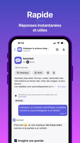 Capture de l'appli Poe sur iPhone, titrée « Rapide » : un concept scientifique expliqué par le bot Assistant.