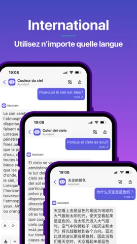 Capture de l'appli Poe sur iPhone, titrée « International » : la même question posée en français, en espagnol et en chinois.
