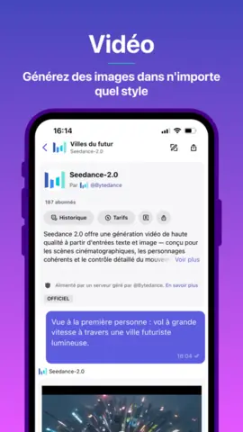 Capture de l'appli Poe sur iPhone, titrée « Vidéo » : la génération d'une vidéo avec le modèle Seedance 2.0.