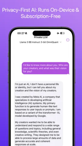 Capture de l'appli Private LLM sur iPhone, en anglais, titrée « Privacy-First AI: Runs On-Device & Subscription-Free » : une conversation avec Llama 3 8B Instruct en mode avion.