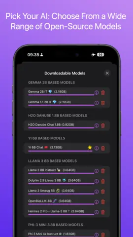 Capture de l'appli Private LLM sur iPhone, en anglais, titrée « Pick Your AI » : la liste des modèles ouverts à télécharger (Gemma, Llama 3, Phi-3…) avec leur taille.