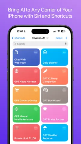 Capture de l'appli Private LLM sur iPhone, en anglais, titrée « Bring AI to Any Corner of Your iPhone with Siri and Shortcuts » : les raccourcis proposés par l'appli.