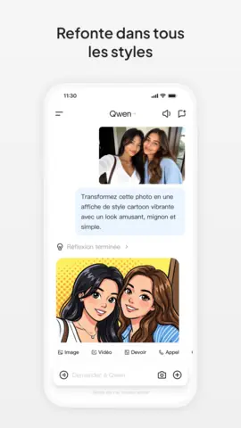 Capture de l'appli Qwen sur Android, titrée « Refonte dans tous les styles » : une photo de deux amies transformée en affiche de style dessin animé.