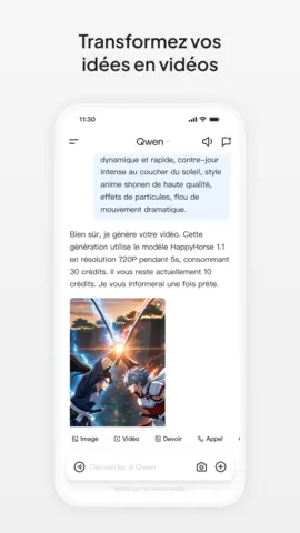 Capture de l'appli Qwen sur Android, titrée « Transformez vos idées en vidéos » : la génération d'une vidéo de style anime.