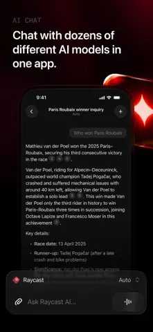 Capture de l'appli Raycast sur iPhone, en anglais, titrée « Chat with dozens of different AI models in one app » : une réponse sur Paris-Roubaix, le choix du modèle en bas.