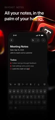 Capture de l'appli Raycast sur iPhone, en anglais, titrée « All your notes, in the palm of your hand » : une note de réunion avec sa liste de tâches.