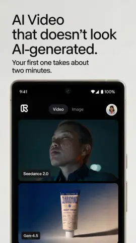 Capture de l'appli Runway sur Android, en anglais, titrée « AI Video that doesn't look AI-generated » : des vidéos générées par Seedance 2.0 et Gen-4.5.