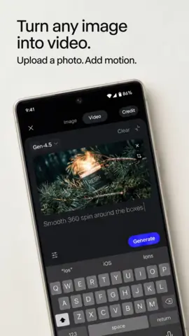 Capture de l'appli Runway sur Android, en anglais, titrée « Turn any image into video » : une photo à animer avec Gen-4.5.