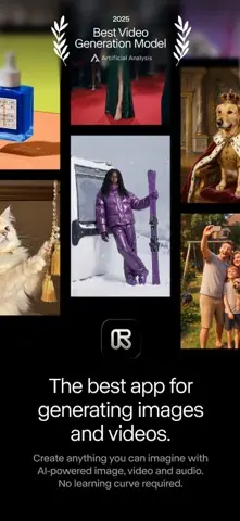 Visuel de l'appli Runway sur iPhone, en anglais, titré « The best app for generating images and videos » : une mosaïque d'images générées.