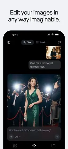 Capture de l'appli Runway sur iPhone, en anglais, titrée « Edit your images in any way imaginable » : une photo retouchée en tenue de tapis rouge.