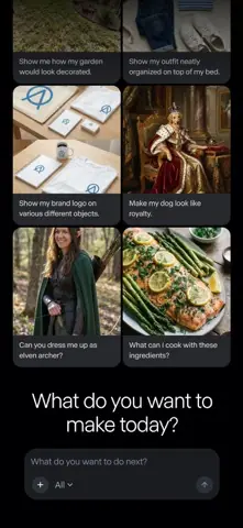 Capture de l'appli Runway sur iPhone, en anglais, titrée « What do you want to make today? » : des exemples de demandes et leurs images.