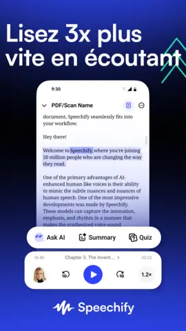 Capture de l'appli Speechify sur Android, titrée « Lisez 3x plus vite en écoutant » : un PDF lu à voix haute, avec les boutons de résumé et de quiz.