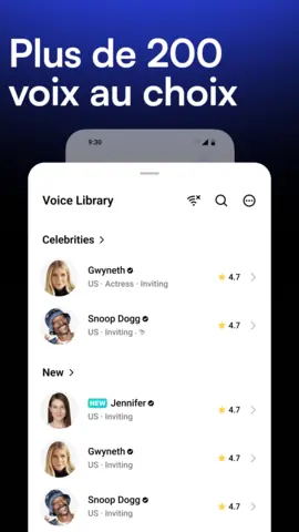 Capture de l'appli Speechify sur Android, titrée « Plus de 200 voix au choix » : la bibliothèque des voix, en anglais.