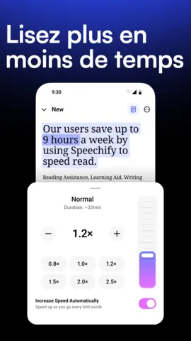 Capture de l'appli Speechify sur Android, titrée « Lisez plus en moins de temps » : le réglage de la vitesse de lecture.