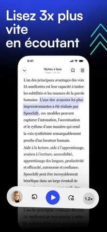 Capture de l'appli Speechify sur iPhone, titrée « Lisez 3x plus vite en écoutant » : un texte lu à voix haute, la phrase en cours surlignée.