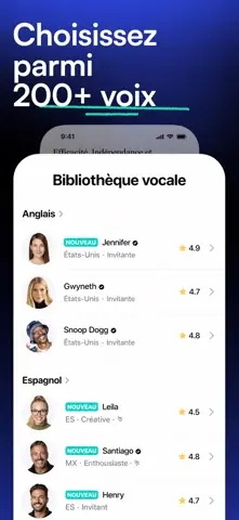 Capture de l'appli Speechify sur iPhone, titrée « Choisissez parmi 200+ voix » : la bibliothèque des voix, en anglais et en espagnol.
