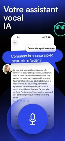 Capture de l'appli Speechify sur iPhone, titrée « Votre assistant vocal IA » : une question posée à voix haute sur un texte, avec le bouton du micro.