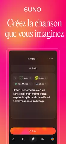 Capture de l'appli Suno sur Android, titrée « Créez la chanson que vous imaginez » : un morceau demandé à partir d'un mémo vocal et d'une vidéo.
