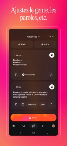 Capture de l'appli Suno sur Android, titrée « Ajustez le genre, les paroles, etc. » : le mode avancé, paroles et style.