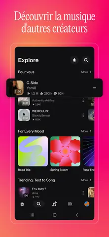 Capture de l'appli Suno sur Android, titrée « Découvrir la musique d'autres créateurs » : la page Explore et ses morceaux.