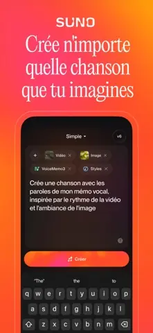 Capture de l'appli Suno sur iPhone, titrée « Crée n'importe quelle chanson que tu imagines » : une chanson demandée à partir d'un mémo vocal, d'une vidéo et d'une image.