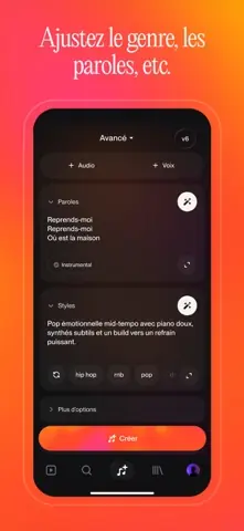 Capture de l'appli Suno sur iPhone, titrée « Ajustez le genre, les paroles, etc. » : le mode avancé, avec les paroles et le style décrits.