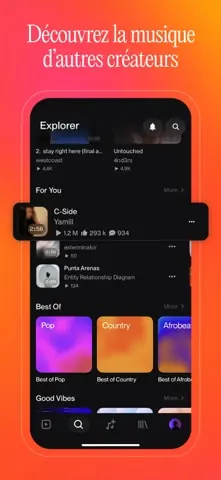 Capture de l'appli Suno sur iPhone, titrée « Découvrez la musique d'autres créateurs » : la page Explorer et ses morceaux.