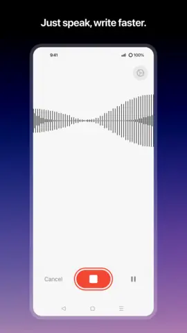 Capture de l'appli Superwhisper sur Android, en anglais, titrée « Just speak, write faster » : l'écran d'enregistrement avec l'onde de la voix.