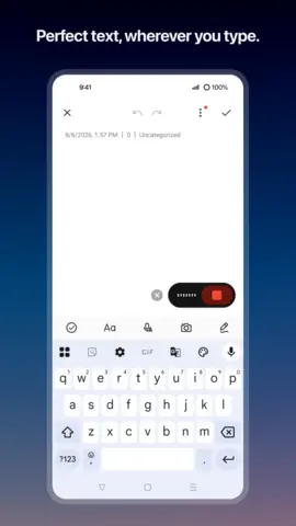 Capture de l'appli Superwhisper sur Android, en anglais, titrée « Perfect text, wherever you type » : la dictée depuis le clavier, dans une note.