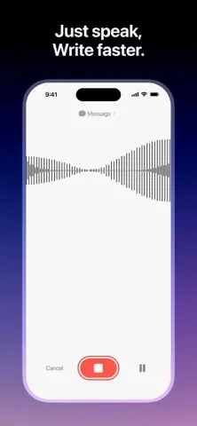 Capture de l'appli Superwhisper sur iPhone, en anglais, titrée « Just speak, write faster » : l'écran d'enregistrement avec l'onde de la voix.