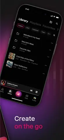 Capture de l'appli Udio sur iPhone, en anglais, titrée « Create on the go » : la bibliothèque des morceaux et des idées de paroles.