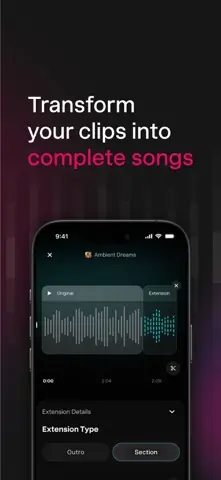 Capture de l'appli Udio sur iPhone, en anglais, titrée « Transform your clips into complete songs » : l'extension d'un extrait en morceau complet.