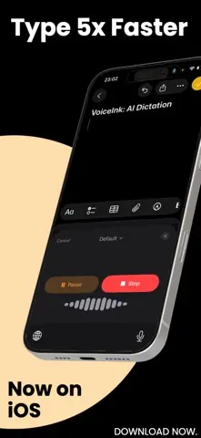 Visuel de l'appli VoiceInk sur iPhone, en anglais, titré « Type 5x Faster » : le clavier de dictée de l'appli, avec l'onde de la voix.