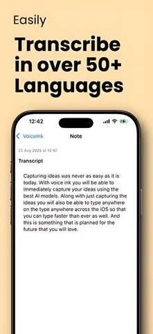 Capture de l'appli VoiceInk sur iPhone, en anglais, titrée « Easily transcribe in over 50+ languages » : la transcription d'une note dictée.