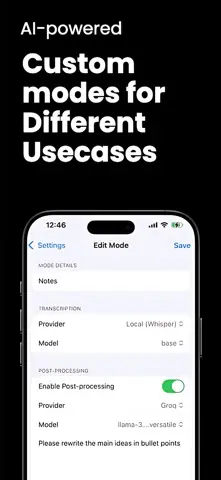 Capture de l'appli VoiceInk sur iPhone, en anglais, titrée « AI-powered custom modes for different usecases » : le réglage d'un mode, avec Whisper en local et une reformulation par un modèle en ligne.