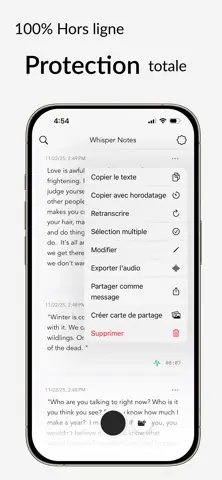 Capture de l'appli Whisper Notes sur iPhone, titrée « 100 % hors ligne, protection totale » : le menu d'une note (copier, retranscrire, exporter l'audio…).