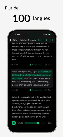 Capture de l'appli Whisper Notes sur iPhone, titrée « Plus de 100 langues » : une transcription détaillée en anglais, le passage lu surligné en vert.