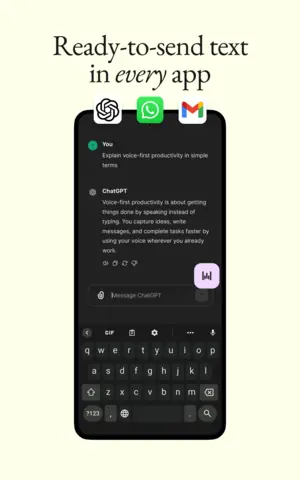 Capture de l'appli Wispr Flow sur Android, en anglais, titrée « Ready-to-send text in every app » : une question dictée dans ChatGPT.