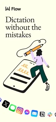 Visuel de l'appli Wispr Flow sur iPhone, en anglais : une illustration d'une personne qui écrit sur un téléphone, et le titre « Dictation without the mistakes ».