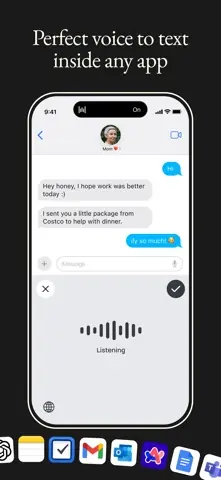 Capture de l'appli Wispr Flow sur iPhone, en anglais, titrée « Perfect voice to text inside any app » : la dictée d'un message, l'appli à l'écoute.