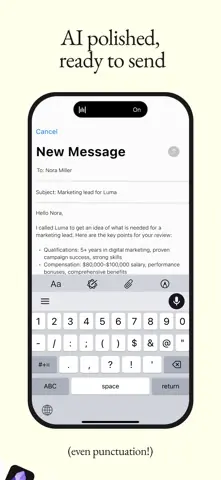 Capture de l'appli Wispr Flow sur iPhone, en anglais, titrée « AI polished, ready to send » : un courriel dicté puis mis en forme.