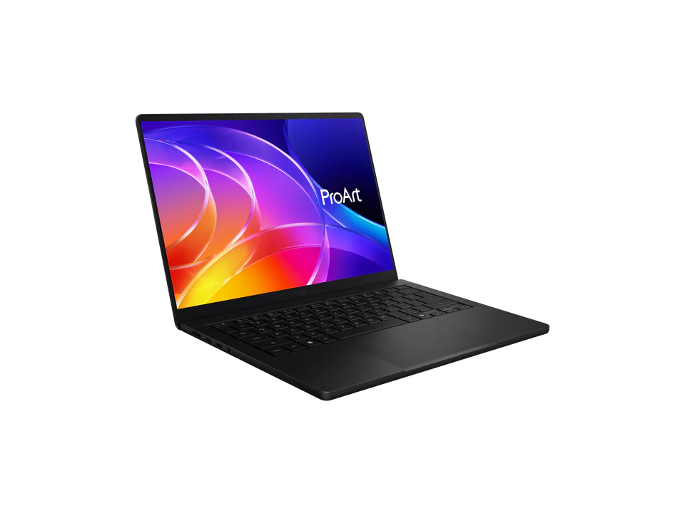 PC portable ASUS ProArt P14 (H7407BA) noir ouvert, vu de trois quarts ; l'écran montre des volutes violettes, orange et bleues et le mot ProArt.