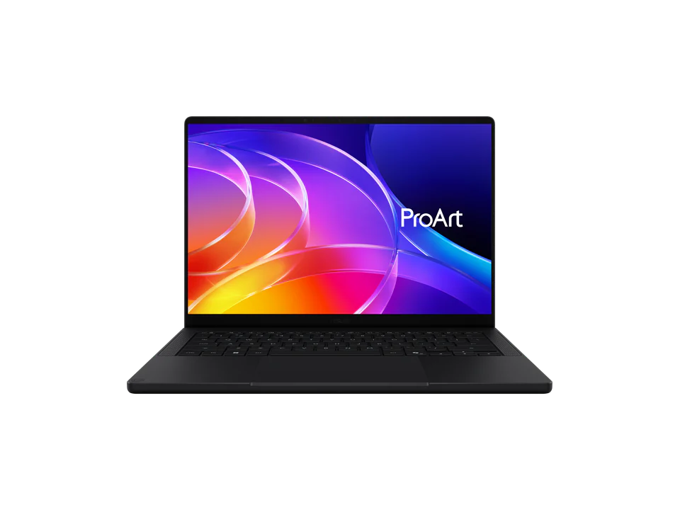 PC portable ASUS ProArt P14 (H7407BA) noir ouvert, vu de face et un peu de dessus ; l'écran montre des volutes violettes, orange et bleues et le mot ProArt.