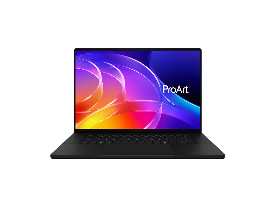 PC portable ASUS ProArt P16 (H7607BA) noir ouvert, vu de face et un peu de dessus ; l'écran montre des volutes violettes, orange et bleues et le mot ProArt.