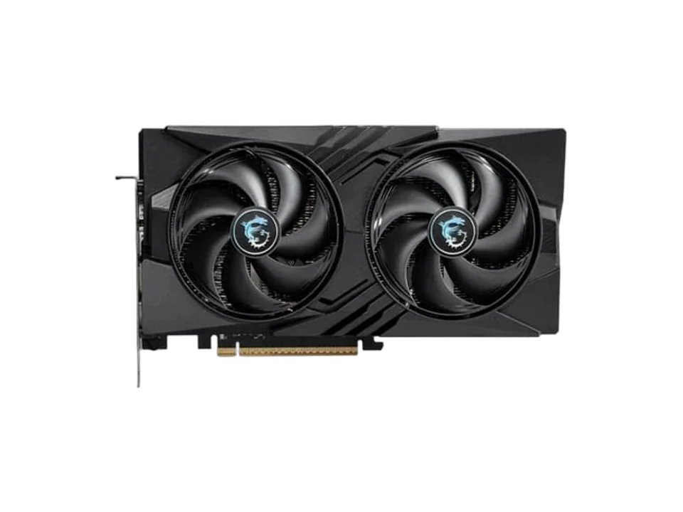 Carte graphique MSI noire vue de face, deux ventilateurs marqués du dragon de MSI, équerre à gauche, connecteur doré en bas.